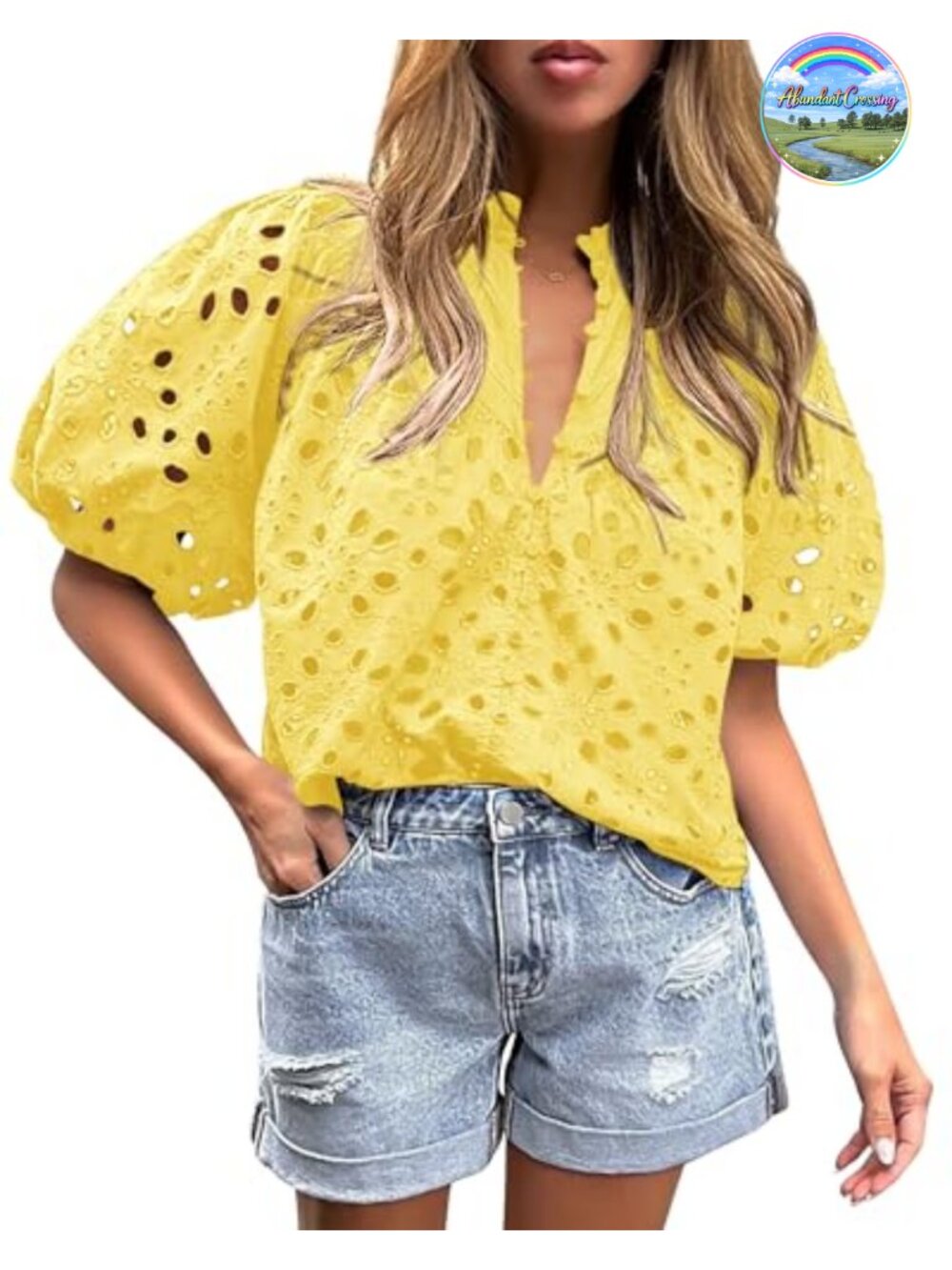 Women's Boho Eyelet Puff Sleeve Blouse Button Up V Neck